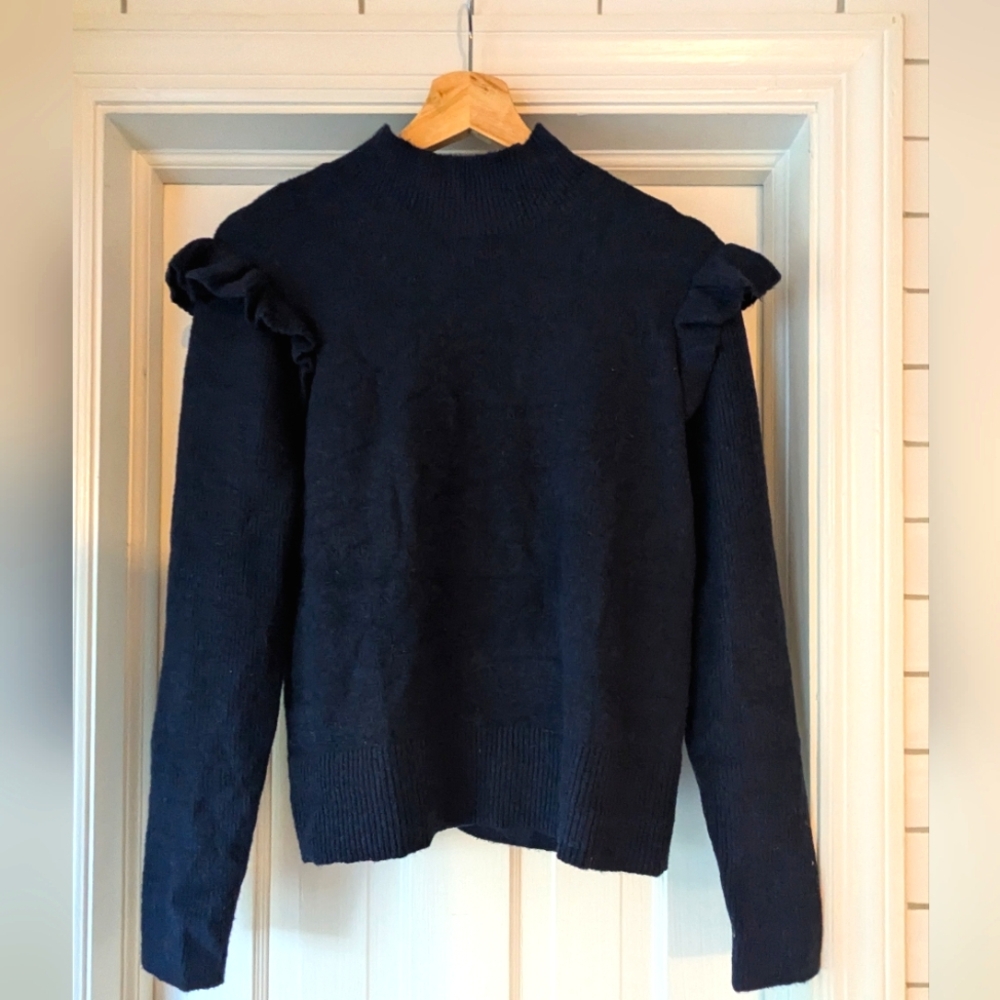 LOFT Navy blue sweater, Small - Brand new with tags, ruffle details, mock neck